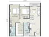 Floor plan: 2-bedroom 2-bathroom unit; features: open-plan kitchen-dining-living, master bedroom with ensuite bathroom, bedroom 2 with shared bathroom, utility room, balcony off living room, central foyer.