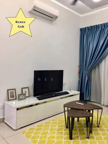 Living features: white painted walls, cream tiled flooring, 5-blade ceiling fan with light, wall-mounted TV, white TV console, wooden coffee table, yellow area rug with geometric pattern, blue curtains, floor-to-ceiling windows with sheer curtains; style: modern.