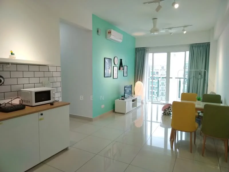 Living features: white painted walls, green accent wall, glossy tile flooring, 5-blade ceiling fan with light, wall-mounted TV, TV console, sofa, dining table with colorful chairs, large sliding glass door, curtains, decorative wall art, microwave, refrigerator; style: modern; view: city.