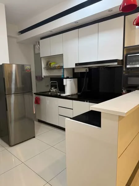 Kitchen features: white cabinetry, black countertop, stainless-steel fridge, built-in oven, microwave, ceramic tile flooring, recessed downlights, kitchen island, sink, chrome faucet, open shelving, dishwasher; style: modern.