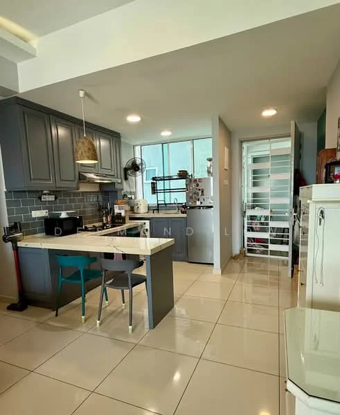 Kitchen features: grey shaker cabinets, white quartz countertop, stainless-steel sink, chrome pull-down faucet, built-in oven, freestanding range oven, microwave, refrigerator, pendant light, tile backsplash, ceramic tile flooring, floor-to-ceiling windows, open shelving, bar stools, ceiling fan; style: modern; view: city.