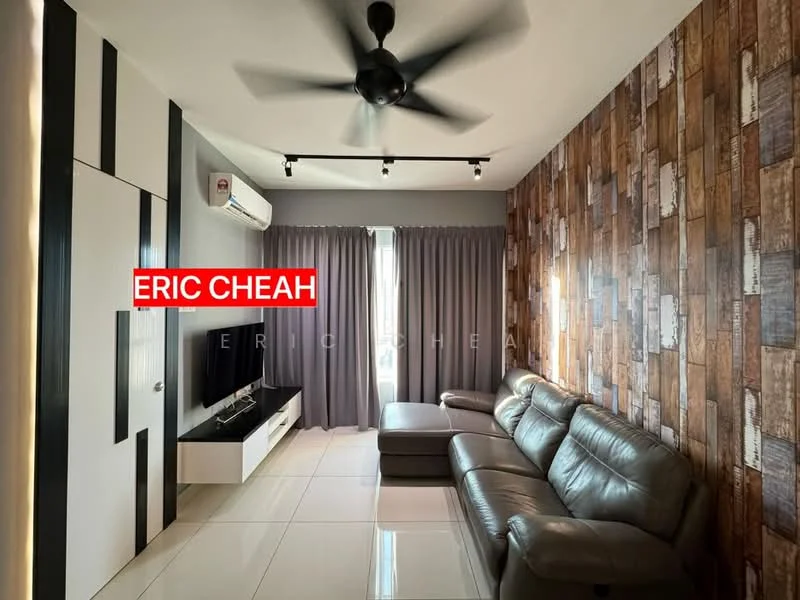 Living features: 3-seater leather sofa in dark brown, coffee table, wall-mounted TV, TV console in white, feature wall with wood paneling, grey painted walls, floor-to-ceiling windows with sheer curtains, 1 wall-mounted split AC, ceiling fan with light, recessed LED downlights, glossy tile flooring; style: modern.