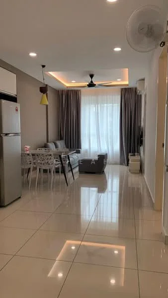 Living features: grey fabric sofa, white dining table with four chairs, stainless-steel fridge, recessed ceiling lights, 5-blade ceiling fan, floor-to-ceiling windows with sheer curtains, glossy tile flooring, light grey painted walls, decorative pendant light, wall-mounted air conditioning unit; style: modern.
