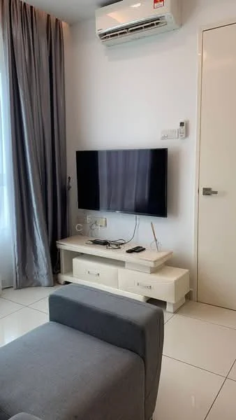 Living features: grey fabric sofa, white TV console, wall-mounted flat-screen TV, white walls, glossy white tile flooring, floor-to-ceiling windows with sheer curtains, wall-mounted air conditioning unit, decorative wall panel, light switch panel, door leading to another room; style: modern.