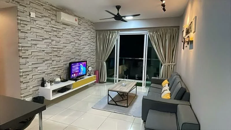 Living features: grey fabric 3-seater sofa, yellow accent pillows, wooden coffee table, TV console with storage, wall-mounted TV, stone feature wall, cream painted walls, floor-to-ceiling sliding glass door, curtains, recessed downlights, ceiling fan with light, white tiled flooring; style: modern; view: garden.