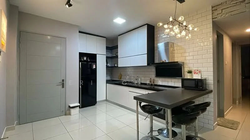 Kitchen features: white cabinetry with flat-panel design, black countertop, stainless-steel sink, chrome pull-down faucet, built-in oven, stainless-steel range hood, black refrigerator, microwave, white subway tile backsplash, ceramic tile flooring, recessed LED downlights, pendant lighting, bar stools, open shelving, wall-mounted cabinets; style: modern.