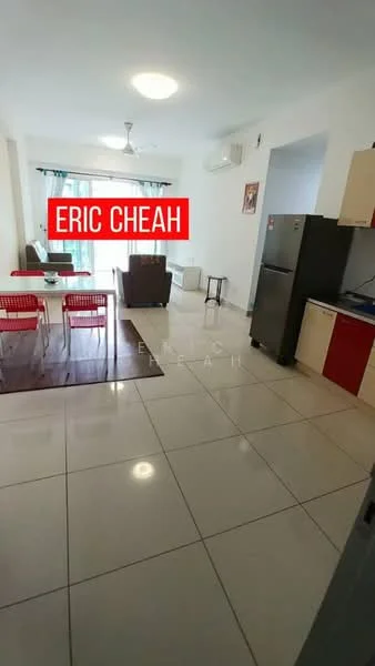 Living features: white painted walls, glossy tile flooring, 5-blade ceiling fan with light, floor-to-ceiling windows, sliding glass door, curtains, sofa in brown, coffee table, TV console, wall-mounted TV, dining table with red chairs, air conditioning unit; style: modern; view: garden. Kitchen features: white cabinetry, red accent cabinetry, stainless-steel fridge, built-in countertop, sink, stove, microwave; style: modern.