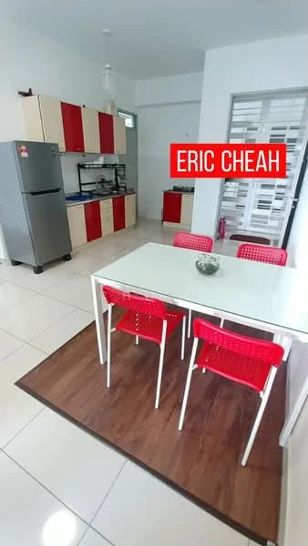 Dining features: white dining table, 4 red plastic dining chairs, wooden flooring, wall-mounted kitchen cabinets with red and cream finish, stainless-steel fridge, ceramic tile flooring, open layout to kitchen, decorative bowl on table; style: modern. Kitchen features: blue kitchen countertop, stainless-steel sink, built-in stove, kitchen appliances visible, open shelving; style: modern.