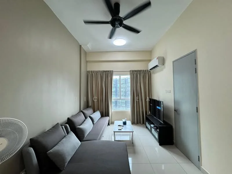 Living features: 3-seater fabric sofa in grey, coffee table, wall-mounted TV, TV console, floor-to-ceiling windows, curtains, white painted walls, ceiling fan, recessed downlights, tile flooring, air conditioning unit; style: modern; view: city.