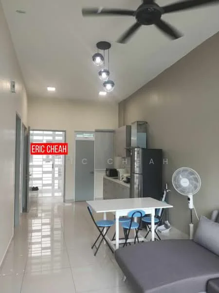 Living features: grey fabric sofa, white dining table, black folding chairs, ceiling fan with light, recessed downlights, tile flooring, light grey painted walls, sliding glass door, kitchen area visible, stainless-steel fridge, kitchen cabinetry, open layout; style: modern.