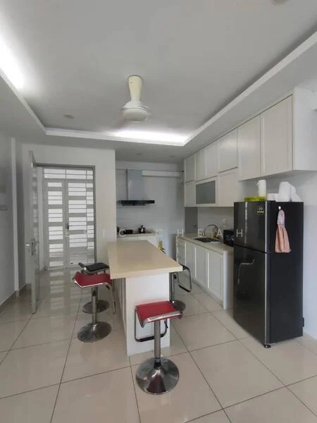 Kitchen features: white cabinetry, black refrigerator, stainless-steel sink, chrome pull-down faucet, kitchen island with seating, 4-bar stools with red upholstery, built-in oven, ceramic tile flooring, recessed downlights, exhaust hood, wall-mounted cabinets, countertop with space for appliances; style: modern.