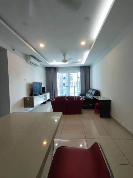 Living features: white painted walls, recessed ceiling lights, 5-blade ceiling fan, large sliding glass door, floor-to-ceiling windows, grey curtains, light-colored tiled flooring, TV console, wall-mounted TV, red accent chair, sofa, coffee table; style: modern; view: city.