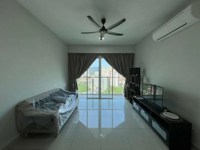 Living features: 3-seater fabric sofa with protective cover, floor-to-ceiling windows, sliding glass door, curtains, wall-mounted TV, TV console, ceiling fan, recessed downlights, glossy white tile flooring, city skyline view, decorative wall, air conditioning unit; style: modern; view: city.
