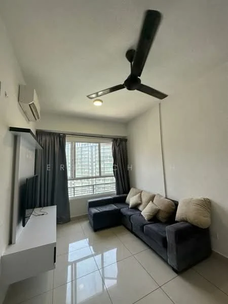 Living features: 3-seater fabric sofa in grey, decorative cushions, wall-mounted TV, TV console in white, floor-to-ceiling window, grey curtains, ceiling fan, recessed ceiling light, glossy tile flooring, air conditioning unit; style: modern; view: city.