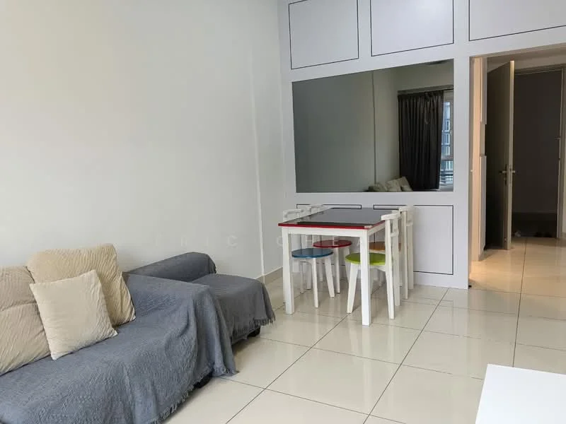 Living features: grey fabric sofa, cream throw pillows, white dining table, colorful dining chairs, white tiled flooring, white painted walls, large mirror on wall, curtains, doorway leading to another room; style: modern.
