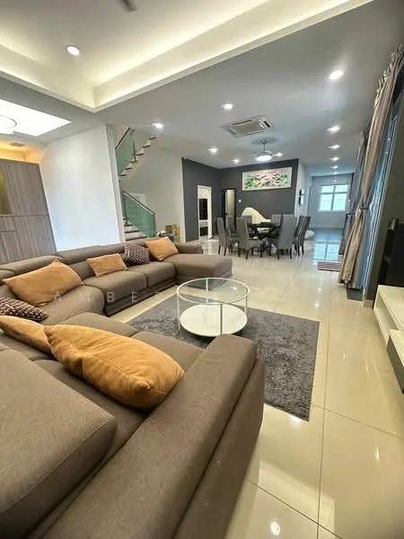 Living features: L-shape sectional sofa in beige, decorative cushions in various colors, glass coffee table, area rug in grey, wall-mounted TV, recessed downlights, cream painted walls, polished tile flooring, ceiling with tray design, large windows with sheer curtains, air conditioning unit; style: modern. Dining features: 6-seater dining table, upholstered dining chairs, decorative wall art, large window, cream painted walls, polished tile flooring; style: modern.