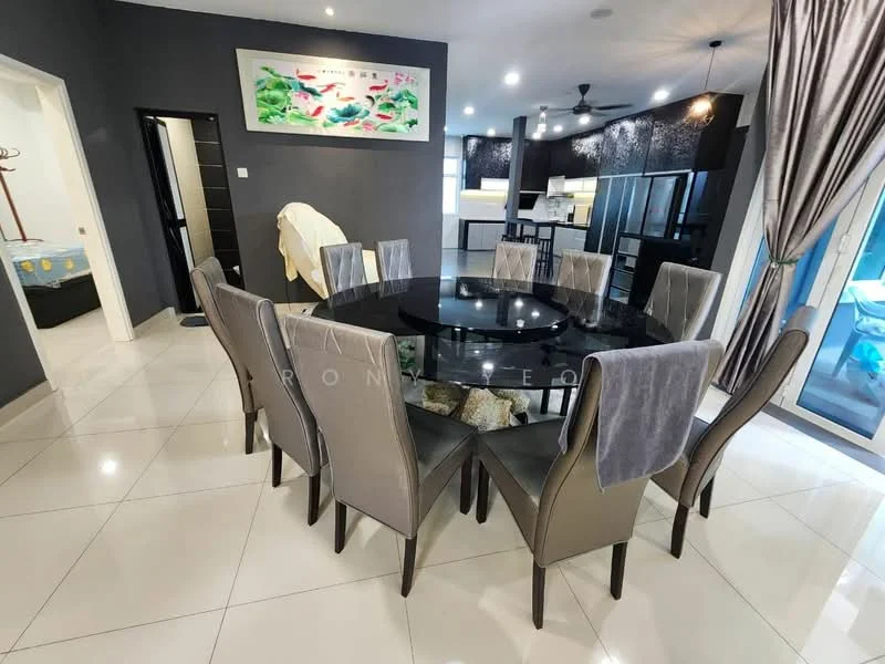 Dining features: round dining table with black glass top, 10 upholstered dining chairs in grey, white porcelain tile flooring, grey accent wall, recessed downlights, floor-to-ceiling windows, curtains in grey, decorative wall art with fish, open layout to kitchen, wall-mounted TV, ceiling fan; style: modern; view: garden. Room features: kitchen visible in background, black cabinetry, stainless-steel appliances.