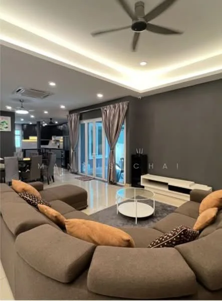 Living features: L-shape sectional sofa in brown, coffee table with glass top, 5-blade ceiling fan with light, recessed downlights, grey accent wall, floor-to-ceiling windows, curtains in grey, wall-mounted TV console, decorative cushions, tile flooring; style: modern.