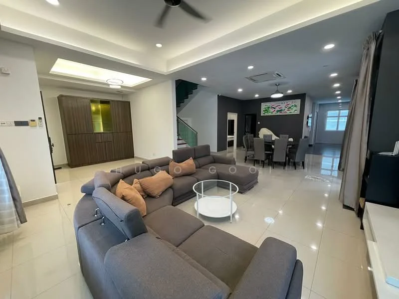 Living features: L-shape sectional sofa in grey, coffee table with glass top, wall-mounted TV, recessed downlights, ceiling fan, white painted walls, tile flooring, large windows with sheer curtains, decorative wall art, open layout to dining area; style: modern. Dining features: 6-seater dining table, upholstered dining chairs, pendant lighting above table, white walls, tile flooring; style: modern.
