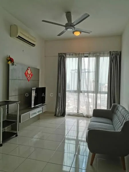 Living features: white painted walls, glossy tile flooring, 5-blade ceiling fan with light, floor-to-ceiling windows, sheer curtains, grey fabric sofa, TV console, wall-mounted TV, decorative wall art, air conditioning unit; style: modern; view: city.