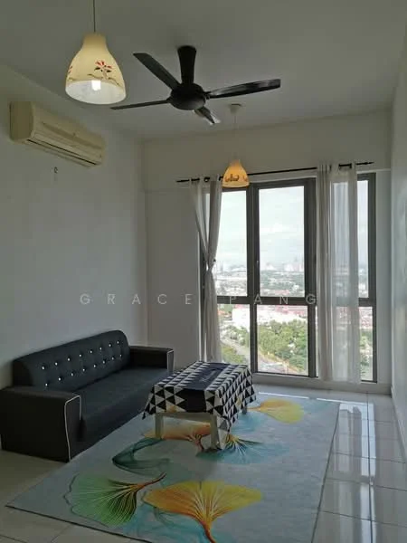 Living features: 3-seater fabric sofa in grey, coffee table with geometric pattern, area rug with fish design, floor-to-ceiling windows, sheer curtains, 5-blade ceiling fan, wall-mounted split AC, white painted walls, glossy tile flooring, pendant light fixtures; style: modern; view: city.