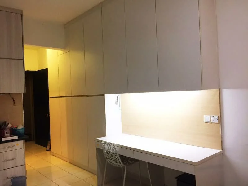 Room features: built-in cabinetry with light wood finish, white desk with minimalistic design, white chair with a modern design, tiled flooring in cream color, wall-mounted lighting, neutral wall color, open space layout, no visible appliances; style: modern.