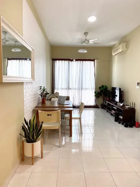 Dining features: white painted walls, glossy ceramic tile flooring, 5-blade ceiling fan with light, recessed downlights, floor-to-ceiling windows with sheer curtains, wooden dining table, 4 dining chairs, wall-mounted TV, TV console, decorative mirror, indoor plants in pots; style: modern; view: garden.