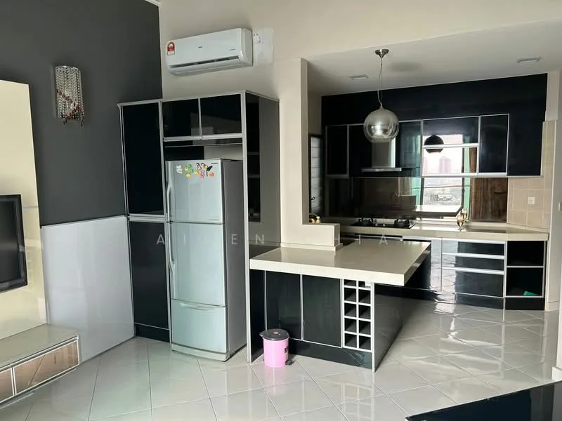 Kitchen features: black cabinetry, white countertop, stainless-steel fridge, built-in oven, 4-burner gas hob, stainless-steel range hood, pendant light, wall-mounted split AC, ceramic tile flooring, open shelving, sink, kitchen island, drawer storage, window with city view; style: modern; view: city.