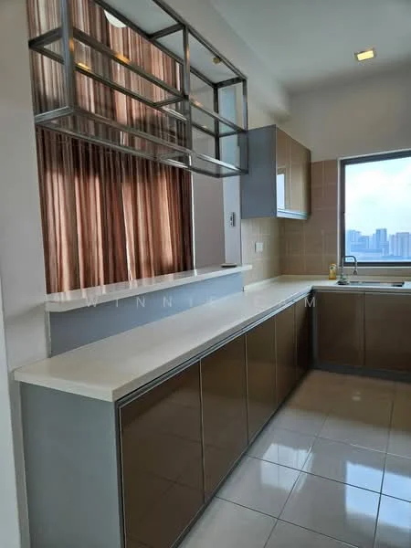 Kitchen features: white countertop, brown cabinetry, glass shelving, tile backsplash, stainless-steel sink, single-bowl stainless-steel sink, window with city view, curtains, recessed lighting, ceramic tile flooring; style: modern; view: city.
