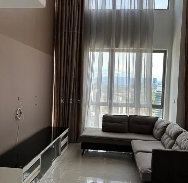 Living features: floor-to-ceiling windows, sheer curtains, 3-seater fabric sofa in grey, L-shape sectional sofa, TV console, white tiled flooring, cream painted walls, decorative wall, city view; style: modern; view: city.