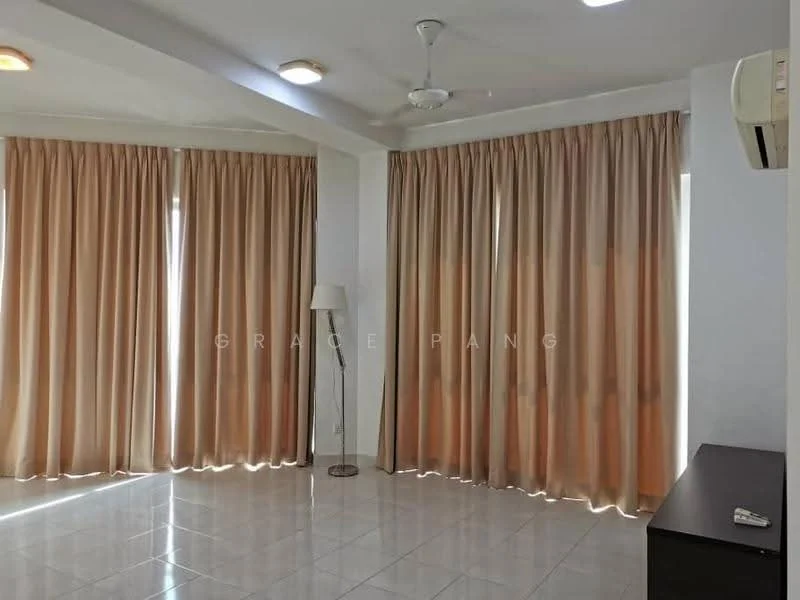 Living features: white painted walls, glossy ceramic tile flooring, 5-blade ceiling fan, recessed downlights, floor-to-ceiling windows, sheer curtains, lampshade floor lamp, black TV console; style: modern.