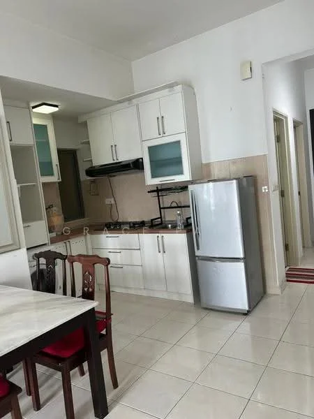 Kitchen features: white cabinetry with glass panels, black countertop, stainless-steel fridge, built-in gas stove, exhaust hood, ceramic tile flooring, wall-mounted cabinets, dining table with four chairs, light fixture, neutral wall color; style: modern.