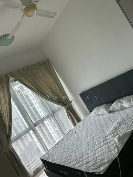 Bedroom features: queen-size bed, upholstered headboard, floor-to-ceiling windows, sheer curtains, 5-blade ceiling fan with light, light grey walls, laminate flooring, decorative mirror; style: modern; view: city.
