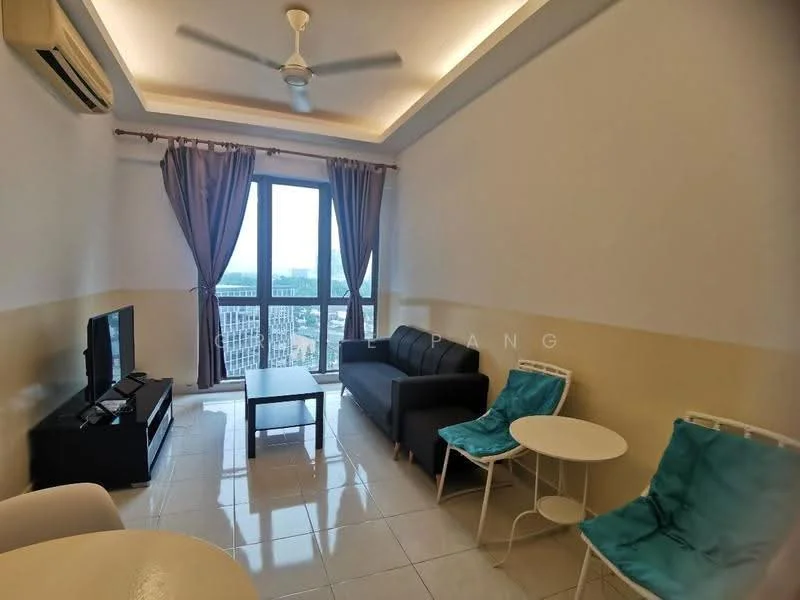 Living features: 3-seater fabric sofa in grey, coffee table, wall-mounted TV, TV console, 2 side tables, floor-to-ceiling windows, curtains, ceiling fan, recessed downlights, white painted walls, glossy tile flooring; style: modern; view: city.