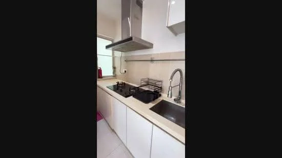 Kitchen features: white cabinetry, granite countertop, double-bowl stainless-steel sink, chrome pull-down faucet, built-in gas hob, stainless-steel range hood, tile backsplash, window for natural light, kitchen rack for storage; style: modern.