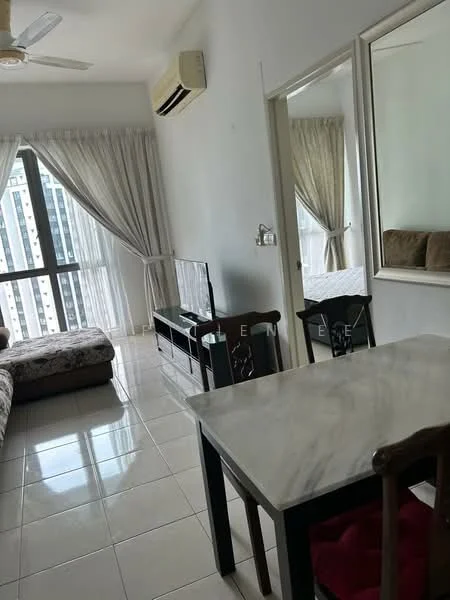 Living features: 3-seater fabric sofa in grey, coffee table with marble top, TV console, wall-mounted TV, floor-to-ceiling windows, sheer curtains, white painted walls, glossy tile flooring, 1 wall-mounted split AC, decorative mirror, area rug; style: modern; view: city. Dining features: small dining table with marble top, 2 wooden chairs; style: modern.