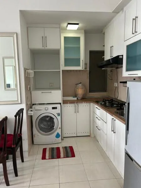 Kitchen features: white cabinetry with glass panels, wood countertop, built-in gas stove, stainless-steel refrigerator, front-load washing machine, tile flooring, recessed ceiling lights, window for natural light, striped area rug; style: modern.