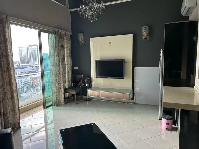 Living features: floor-to-ceiling windows, grey accent wall, white painted walls, polished tile flooring, chandelier, wall-mounted TV, TV console, refrigerator, black coffee table, curtains, air conditioning unit, seating chair; style: modern; view: city.