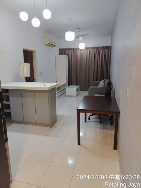 Living features: white painted walls, glossy tile flooring, 5-blade ceiling fan with light, recessed downlights, sofa in grey fabric, coffee table, dining table with wooden legs, curtains in brown, air conditioning unit, open kitchen layout with island; style: modern.