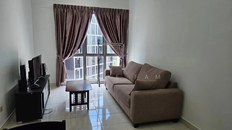 Living features: beige fabric sofa, wood coffee table, black TV console, wall-mounted TV, floor-to-ceiling windows, sheer curtains, white painted walls, glossy tile flooring; style: modern.
