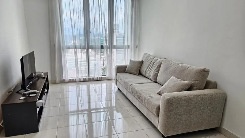 Living features: beige fabric 3-seater sofa, flat-screen TV on console, white painted walls, glossy white tile flooring, floor-to-ceiling windows, sheer curtains, city view, coffee table, decorative cushions; style: modern; view: city.