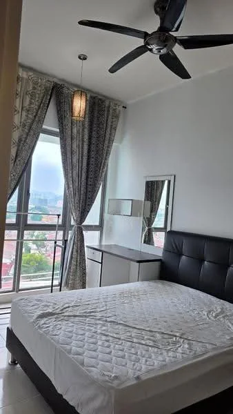 Bedroom features: king-size bed with upholstered headboard, white bedding, floor-to-ceiling windows, sheer curtains, blackout curtains, ceiling fan with 5 blades, mirror on dresser, white dresser, light fixture, white painted walls, tile flooring; style: modern; view: city.