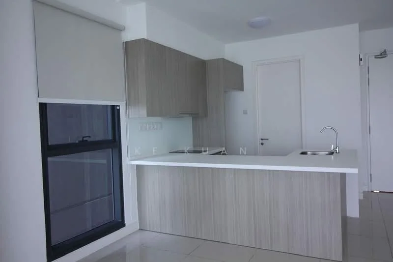 Kitchen features: light wood cabinetry, white countertop, single-bowl stainless-steel sink, chrome pull-down faucet, tile flooring, window with black frame, roller blinds, built-in kitchen appliances, neutral wall color, recessed ceiling lights; style: modern.