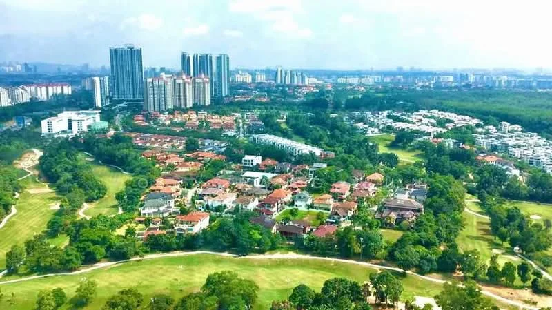 Exterior features: aerial view of residential area, lush green landscaping, golf course visible, high-rise buildings in background, low-rise houses in foreground, urban skyline, tree-lined streets, manicured lawns; style: contemporary.