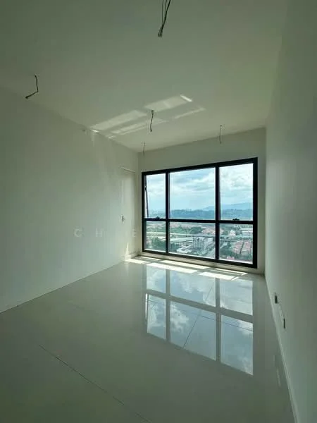 Room features: white painted walls, glossy ceramic tile flooring, floor-to-ceiling windows, city view, natural light from windows, no visible ceiling fixtures, minimalist design, unfurnished space; style: modern; view: city.