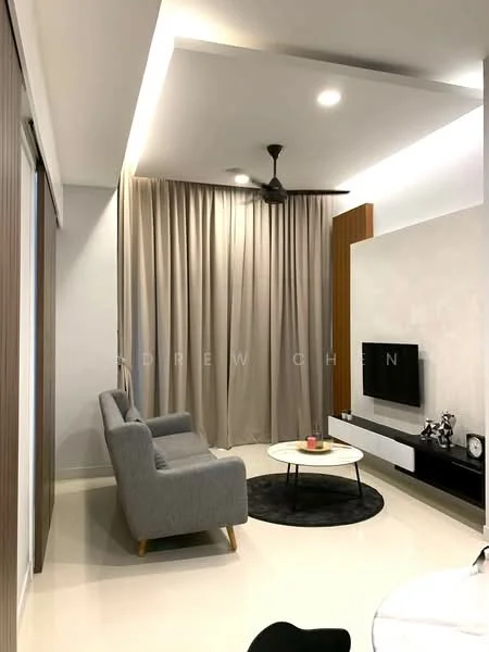 Living features: 3-seater fabric sofa in grey, round coffee table, black area rug, wall-mounted TV, white TV console, recessed downlights, 5-blade ceiling fan, floor-to-ceiling curtains, light grey walls, cream tiled flooring; style: modern.