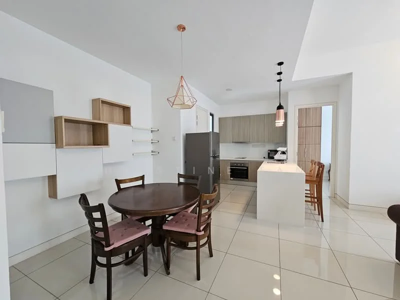 Kitchen features: white painted walls, glossy tile flooring, kitchen island with white countertop, built-in oven, stainless-steel range hood, 4-burner gas hob, wooden cabinetry in light brown, open shelving, pendant light fixture, round dining table with wooden legs, 4 wooden chairs with pink cushions, refrigerator, wall-mounted cabinets; style: modern.