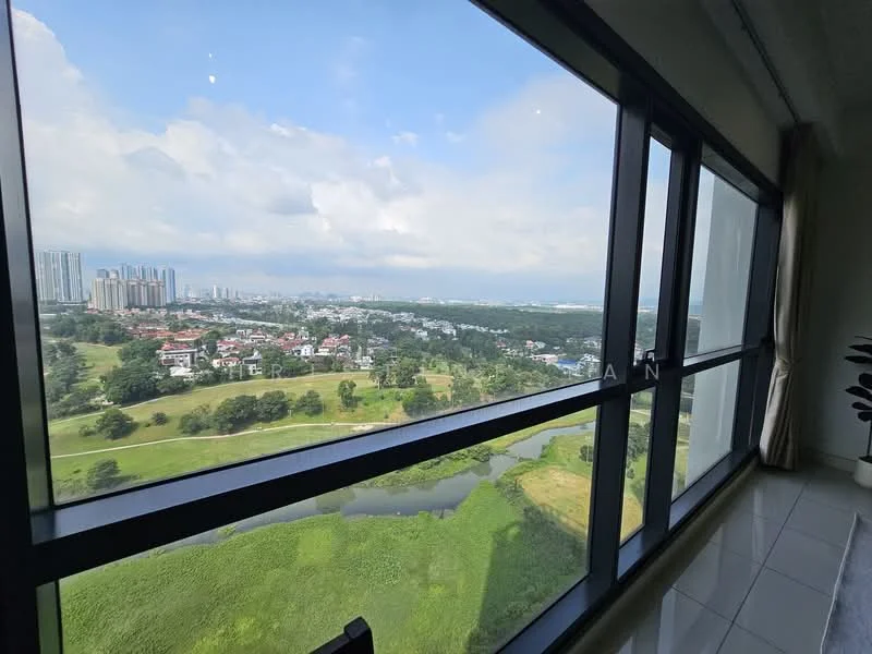 Room features: floor-to-ceiling windows, city skyline view, green landscape view, natural light, white walls, neutral-colored curtains, glossy tile flooring; style: modern; view: city.