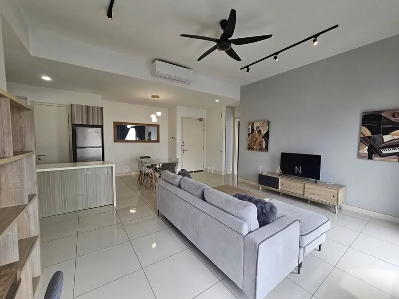 Living features: 3-seater fabric sofa in grey, coffee table, wall-mounted TV, TV console, ceiling fan with light, recessed LED downlights, white painted walls, tile flooring, open shelving unit, dining table with chairs, air conditioning unit; style: modern. Room features: kitchen area with fridge, dining area, entrance door.