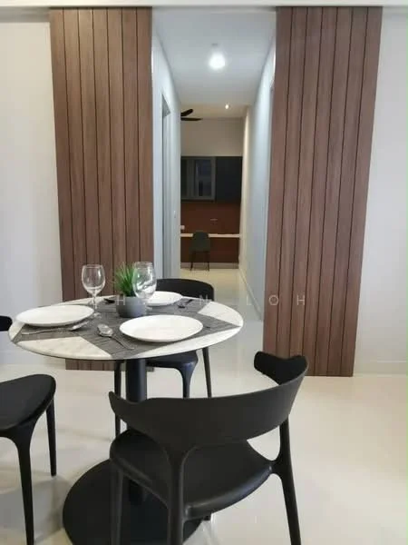 Dining features: round dining table with marble top, black dining chairs, decorative plant on table, white walls, recessed downlights, wood paneling on walls, open layout, flooring with glossy finish; style: modern. Room features: hallway leading to other rooms, wood paneling on walls, light fixtures in ceiling.